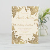 シンプルでシックなアイボリーのフェイクな金ゴールドホイルの花の菓子16 招待状 (スタンド正面)