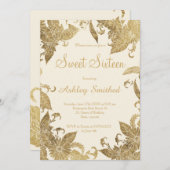 シンプルでシックなアイボリーのフェイクな金ゴールドホイルの花の菓子16 招待状 (正面/裏面)