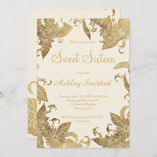 シンプルでシックなアイボリーのフェイクな金ゴールドホイルの花の菓子16 招待状 (正面/裏面)