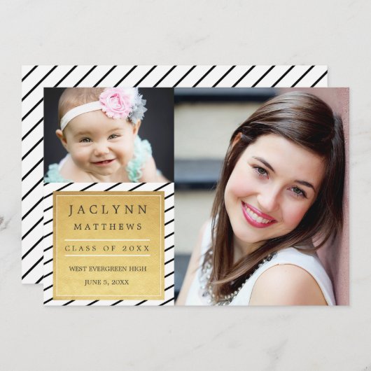 シンプルでシックな写真卒業発表/金ゴールド 案内状 (正面/裏面)