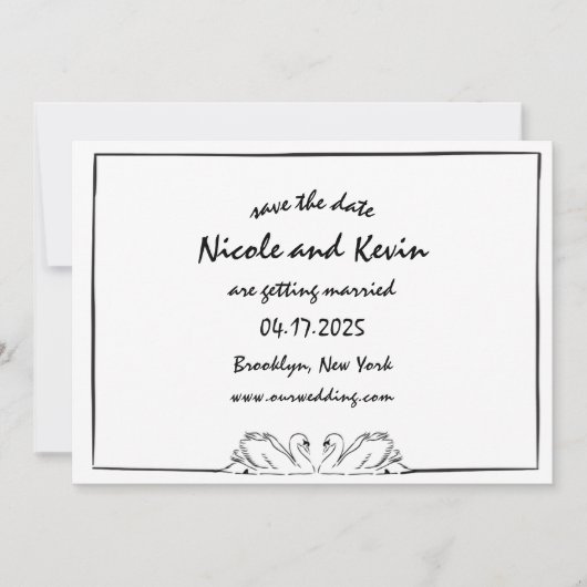 シンプルでタイムレスな手描きスワンイラスト セーブザデート (正面)