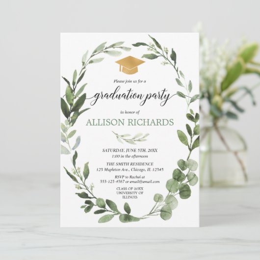 シンプルでモダンな卒業パーティーの緑の草木の緑金ゴールド 招待状 (スタンド正面)