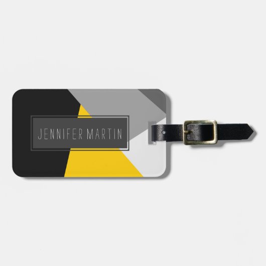 シンプルでモダンな灰色の黄色および黒いGeo ラゲッジタグ (正面横)