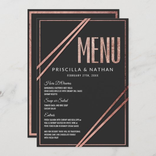 シンプルでモダンな黒のバラの金ゴールドのシックな線形結婚式 メニュー (正面/裏面)