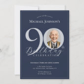 シンプルで上品なネイビーブルーとシルバーの90歳の誕生日フォト 招待状 (正面)