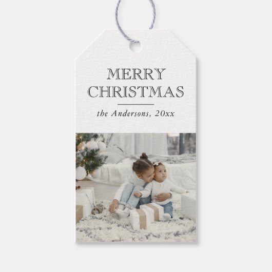 シンプルで上品な家族写真のクリスマス ギフトタグ (正面)