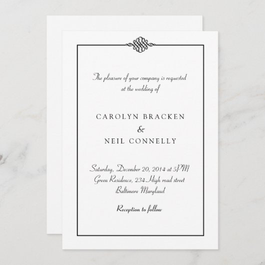 シンプルで上品な白黒の結婚式の発表 招待状 (正面/裏面)