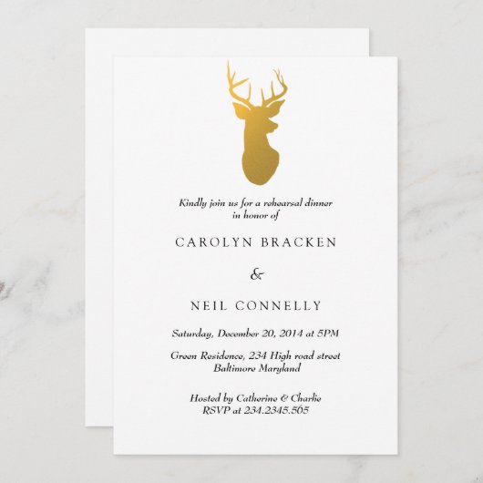 シンプルで上品な金ゴールドの枝角のモダンなリハーサルの夕食 招待状 (正面/裏面)