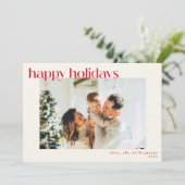 シンプルで可愛い赤いクリスマスのモダンな写真入りデザイン シーズンカード (スタンド正面)