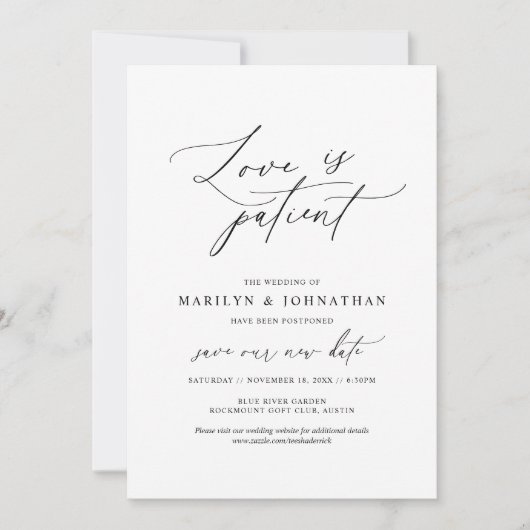 シンプルで愛に満ちた、結婚式延期のお知らせ 招待状 (正面)