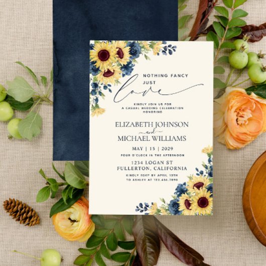 シンプルで愛を込めたひまわりとネイビーブルーのウェディング 招待状