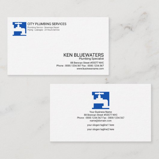 シンプルで明るく青いタップアイコン専門の配管 名刺 (正面/裏面)