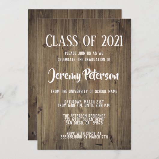 シンプルで暗い木製の板の卒業パーティーの招待 招待状 (正面/裏面)