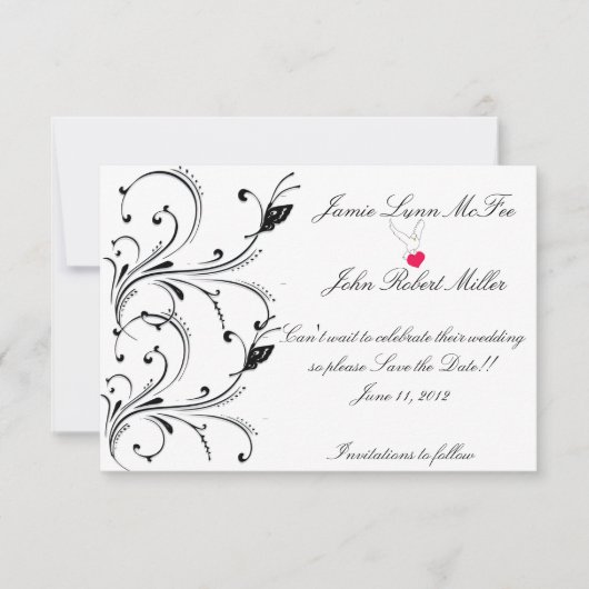 シンプルで白く黒い蝶スクロール保存日付 セーブザデート (正面)