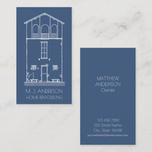 シンプルで素朴な家の青写真の縦の濃紺 名刺 (正面/裏面)