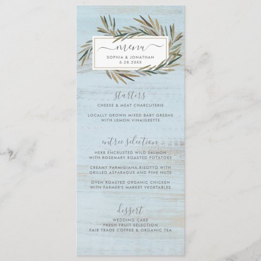 シンプルで素朴な木製の植物のハーブの結婚式メニュー メニュー (正面)