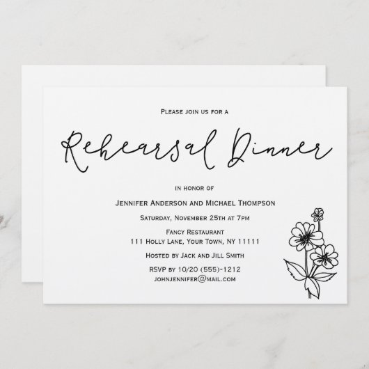 シンプルで素朴な植物の花のリハーサルの夕食 招待状 (正面/裏面)