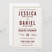 シンプルで素朴な結婚式招待状のあずき色の文字 招待状 (正面/裏面)