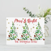 シンプルで見事な「メリー＆ブライト」３つのクリスマスツリー シーズンカード (スタンド正面)