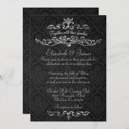 シンプルで贅沢で黒いダマスク織の結婚式招待状 招待状 (正面/裏面)