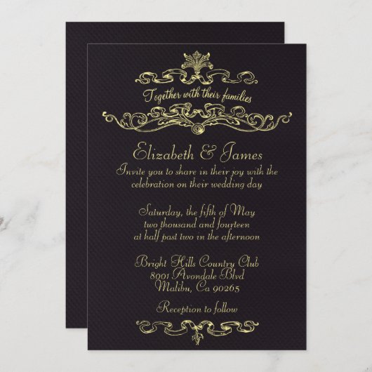 シンプルで贅沢な黒および金ゴールドの結婚式招待状 招待状 (正面/裏面)
