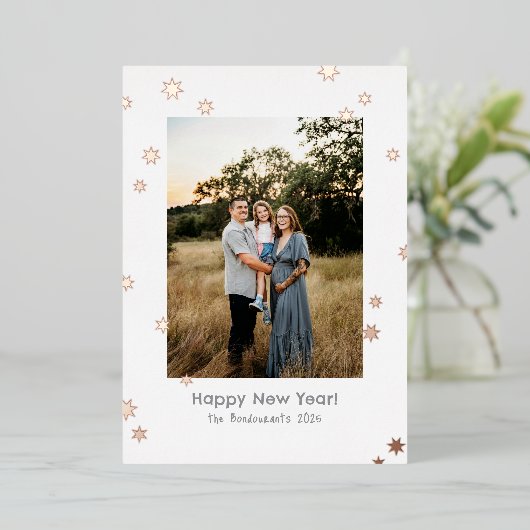 シンプルで輝く星のワンフォト ハッピーニューイヤー 箔シーズンカード (立ち正面)