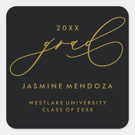 シンプルで遊び心のあるカリグラフィー卒業ステッカー スクエアシール (正面)