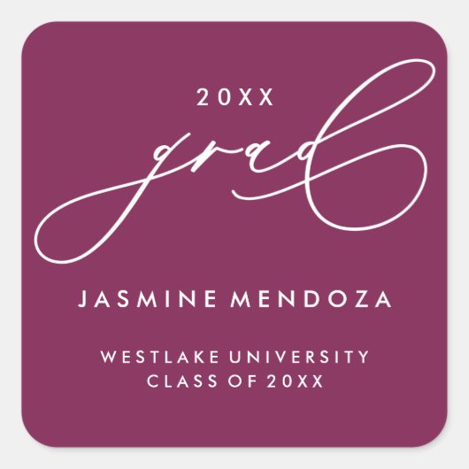 シンプルで遊び心のあるカリグラフィー卒業ステッカー スクエアシール (正面)