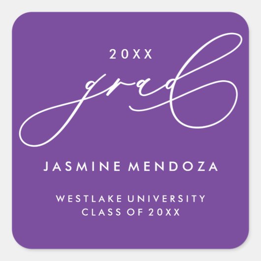 シンプルで遊び心のあるカリグラフィー卒業ステッカー スクエアシール (正面)