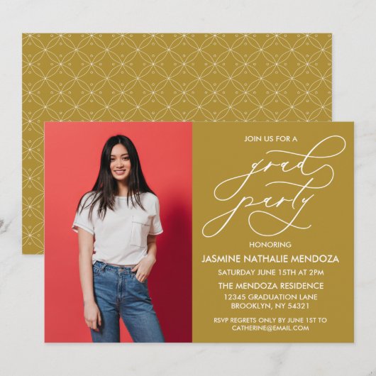 シンプルで遊び心のあるカリグラフィー卒業式招待状 招待状 (正面/裏面)