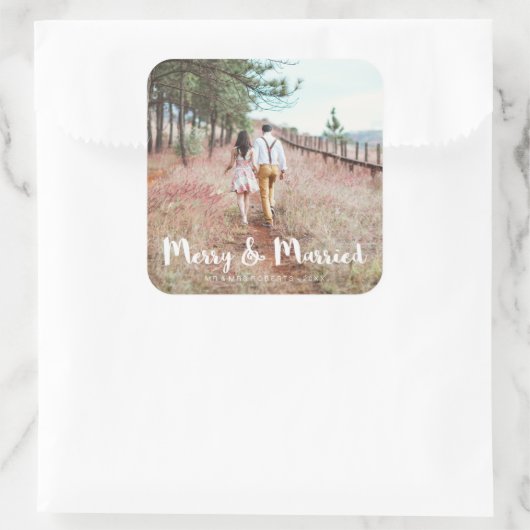 シンプルで遊び心のある楽しい結婚写真 スクエアシール (バッグ)