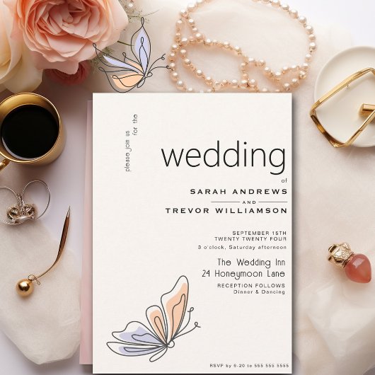 シンプルで遊び心のある蝶の珊瑚と紫 招待状