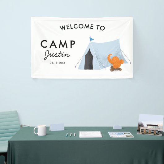 シンプルで青いテントのキャンプの誕生会の歓迎 横断幕 (トレードショー)