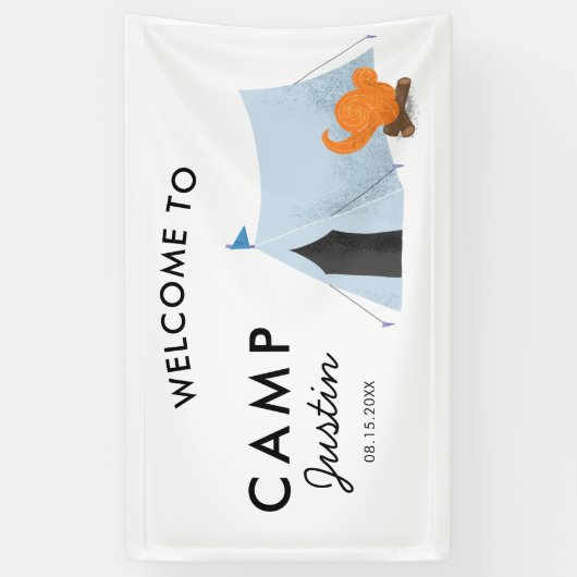 シンプルで青いテントのキャンプの誕生会の歓迎 横断幕 (縦)