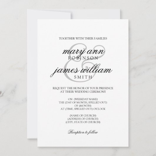 シンプルで黒く及び白くエレガントな結婚式 招待状 (正面)