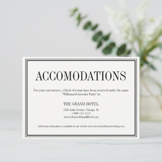 シンプルとエレガントなウェディングの宿泊カード エンクロージャーカード (スタンド正面)