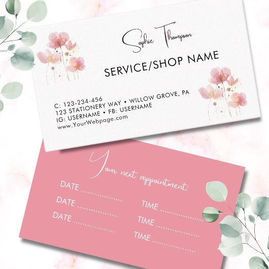 シンプルとエレガントピンクと金ゴールドの素朴な花 予約カード