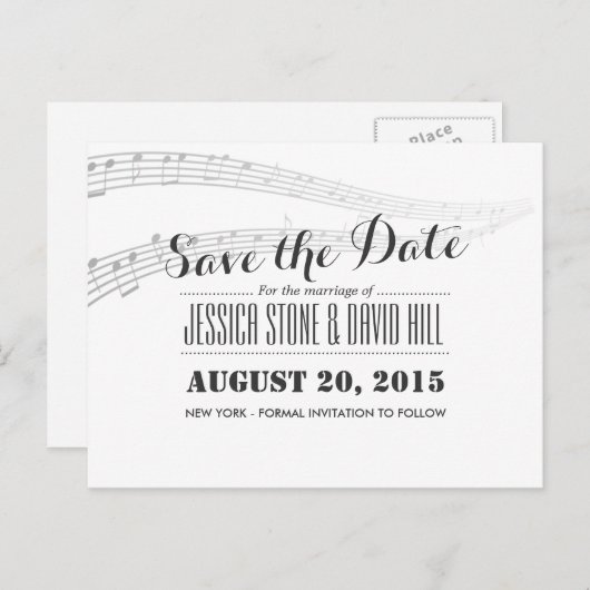 シンプルとエレガントミュージカル結婚式の日付を保存 案内ポストカード (正面/裏面)