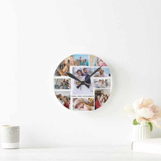 シンプルとシック写真コラージュ |結婚と家族 ラウンド壁時計 (ホーム)