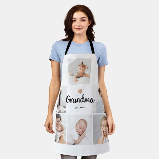 シンプルとシック |おばあちゃんのハートフォトコラージュ エプロン (着用した状態)
