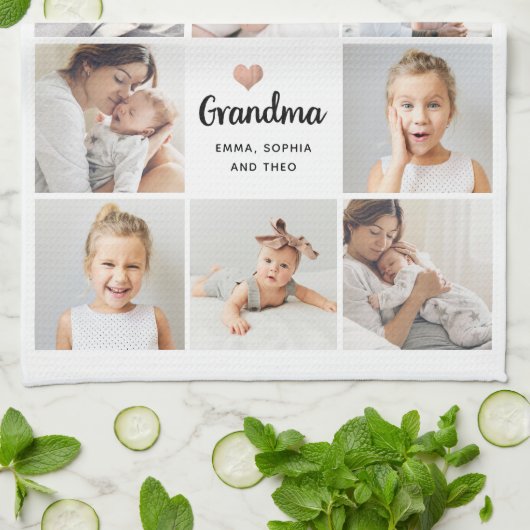 シンプルとシック |おばあちゃんのハートフォトコラージュ キッチンタオル (折り畳み)