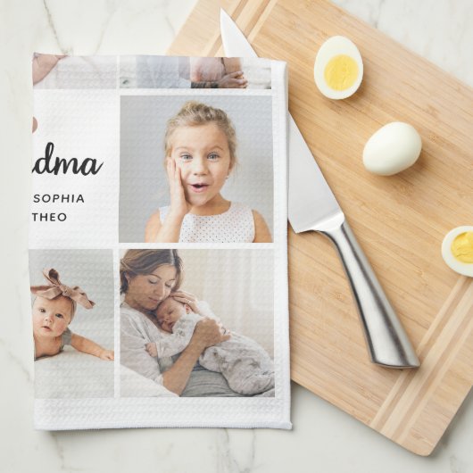 シンプルとシック |おばあちゃんのハートフォトコラージュ キッチンタオル (四つ折り)