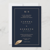 シンプルとネイビエレガントーブルー金ゴールドフレーン結婚ズ 招待状 (正面)