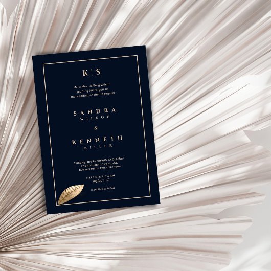シンプルとネイビエレガントーブルー金ゴールドフレーン結婚ズ 招待状