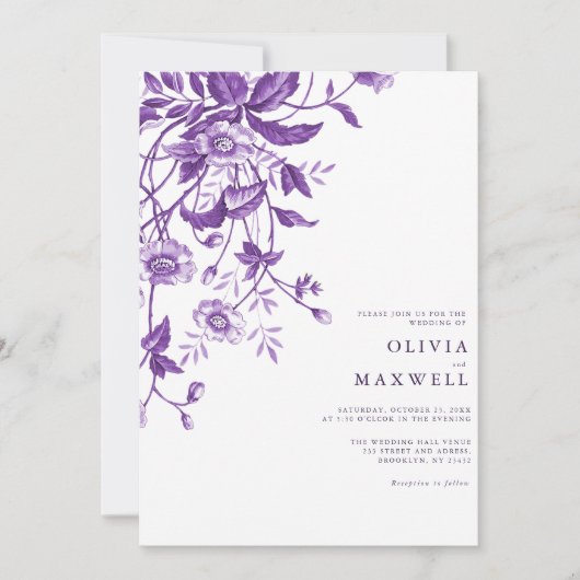 シンプルとパエレガントープルボホフローラ結婚ズ 招待状 (正面)