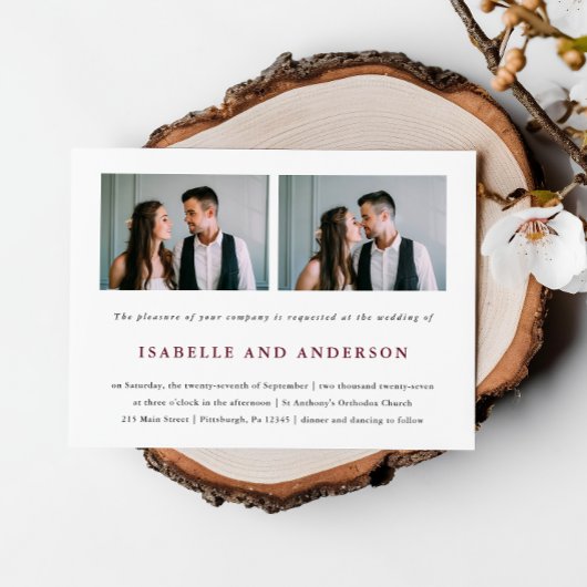 シンプルとモダンブルゴーニュ2枚の写結婚真 招待状