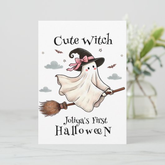 シンプルと可愛エレガントい魔女ファーストハロウィーン 招待状 (スタンド正面)