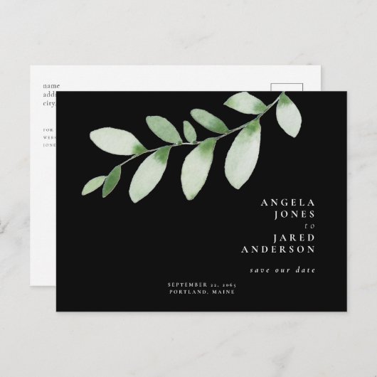 シンプルと葉結婚黒の日付 ポストカード (正面/裏面)
