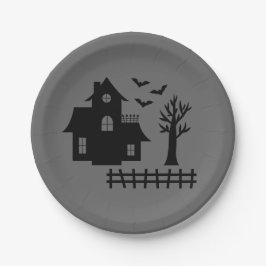 シンプルなお化け屋敷のシルエットとハロウィンのコウモリ ペーパープレート