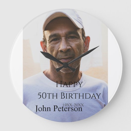 シンプルなお名前の50歳の誕生日おめでとうフォトギフト ラージ壁時計 (正面)